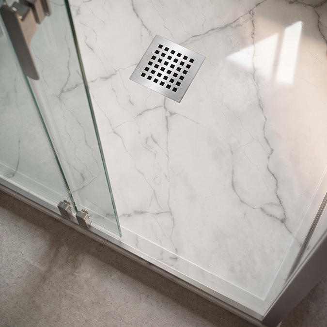 Pavilion 1000 x 800mm White Marble Stone Rectangular Shower Tray & Brushed Steel Waste
