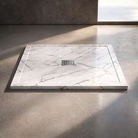 Pavilion 1000 x 800mm White Marble Stone Rectangular Shower Tray & Brushed Steel Waste