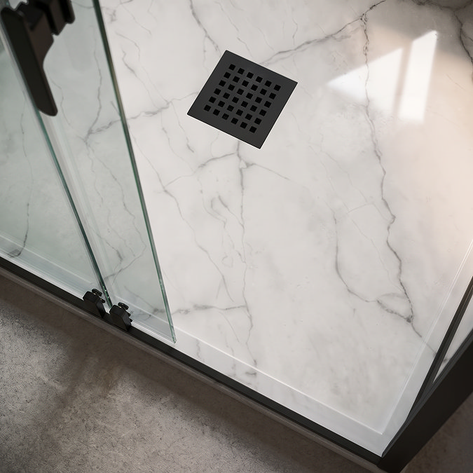 Pavilion 1000 x 800mm White Marble Stone Rectangular Shower Tray & Matt Black Waste