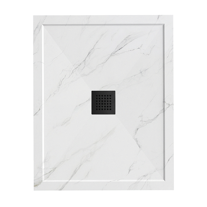 Pavilion 1000 x 800mm White Marble Stone Rectangular Shower Tray & Matt Black Waste