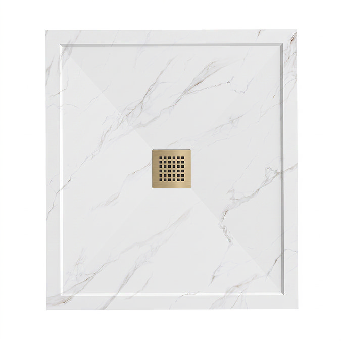 Pavilion 1000 x 900mm White Marble Stone Rectangular Shower Tray & Brushed Brass Waste