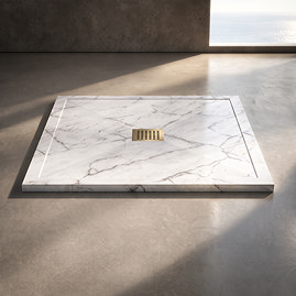 Pavilion 1000 x 900mm White Marble Stone Rectangular Shower Tray & Brushed Brass Waste