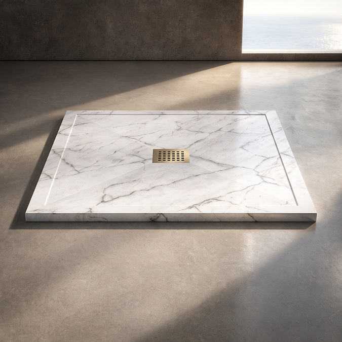 Pavilion 1000 x 900mm White Marble Stone Rectangular Shower Tray & Brushed Brass Waste