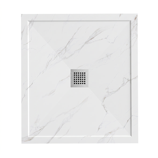Pavilion 1000 x 900mm White Marble Stone Rectangular Shower Tray & Brushed Steel Waste