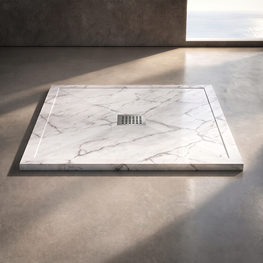 Pavilion 1000 x 900mm White Marble Stone Rectangular Shower Tray & Stainless Steel Waste