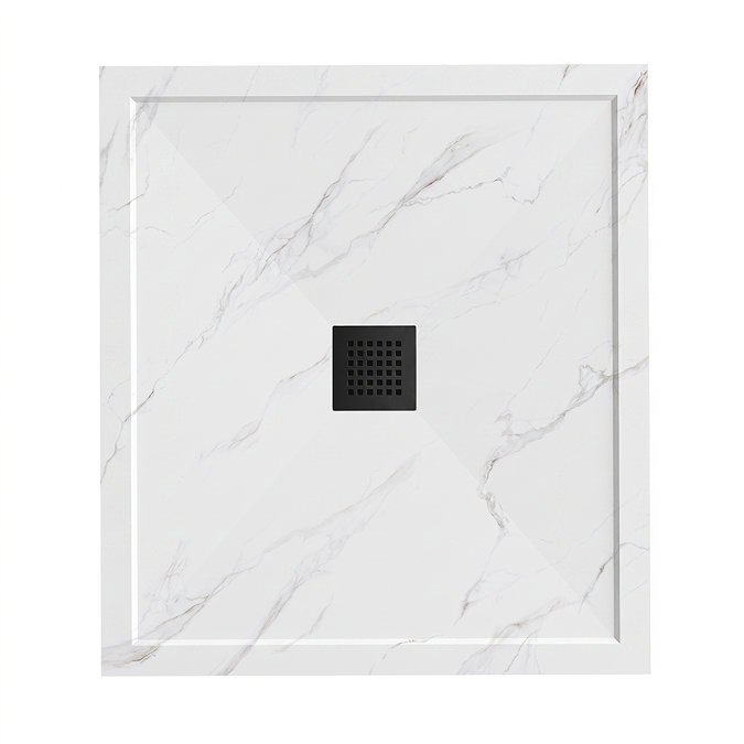 Pavilion 1000 x 900mm White Marble Stone Rectangular Shower Tray & Matt Black Waste