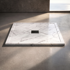 Pavilion 1000 x 900mm White Marble Stone Rectangular Shower Tray & Matt Black Waste