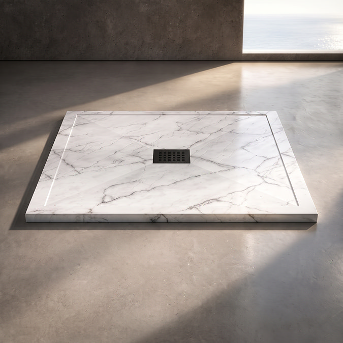 Pavilion 1000 x 900mm White Marble Stone Rectangular Shower Tray & Matt Black Waste