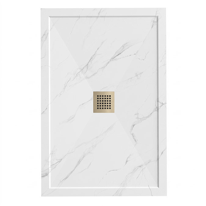 Pavilion 1200 x 800mm White Marble Stone Rectangular Shower Tray & Brushed Brass Waste