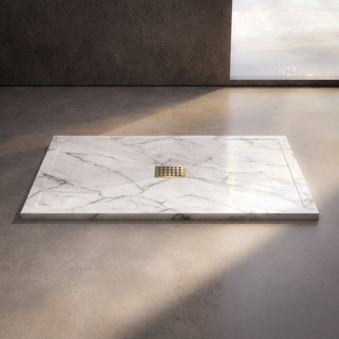 Pavilion 1200 x 800mm White Marble Stone Rectangular Shower Tray & Brushed Brass Waste