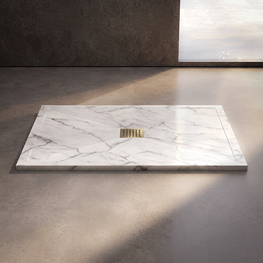 Pavilion 1200 x 800mm White Marble Stone Rectangular Shower Tray & Brushed Brass Waste
