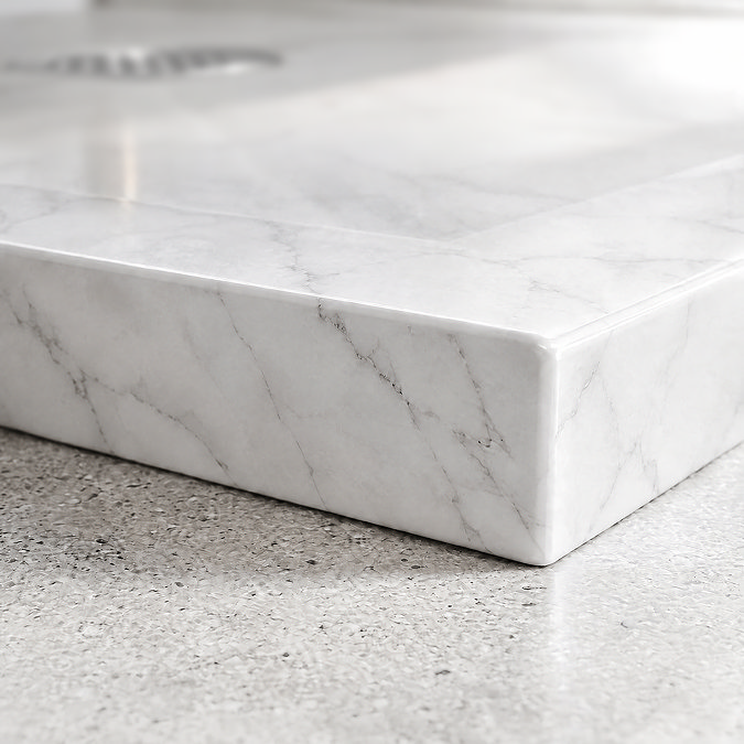 Pavilion 1200 x 800mm White Marble Stone Rectangular Shower Tray & Brushed Steel Waste