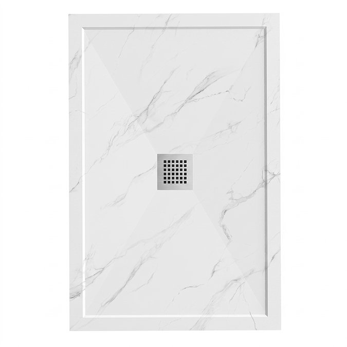 Pavilion 1200 x 800mm White Marble Stone Rectangular Shower Tray & Brushed Steel Waste