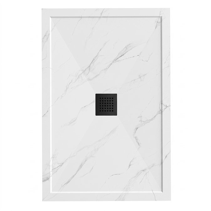 Pavilion 1200 x 800mm White Marble Stone Rectangular Shower Tray & Matt Black Waste