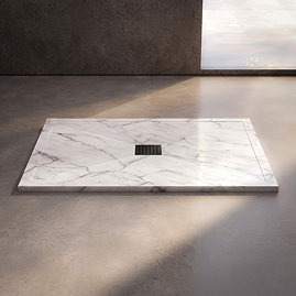 Pavilion 1200 x 800mm White Marble Stone Rectangular Shower Tray & Matt Black Waste