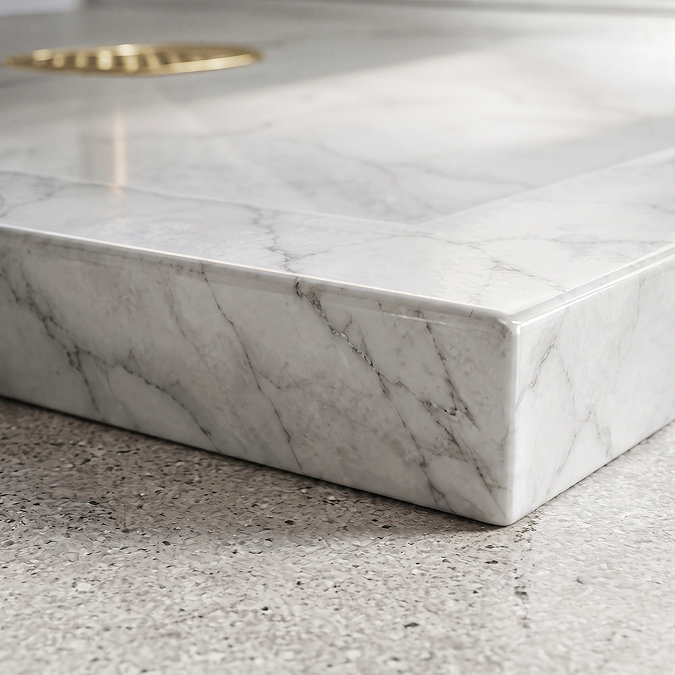 Pavilion 1200 x 900mm White Marble Stone Rectangular Shower Tray & Brushed Brass Waste