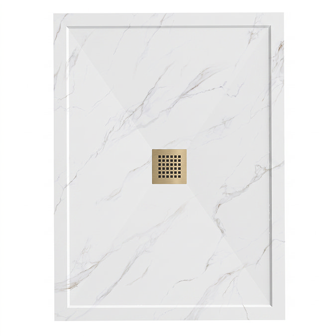 Pavilion 1200 x 900mm White Marble Stone Rectangular Shower Tray & Brushed Brass Waste