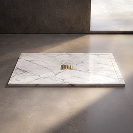 Pavilion 1200 x 900mm White Marble Stone Rectangular Shower Tray & Brushed Brass Waste
