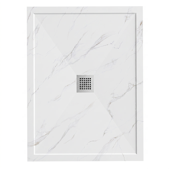 Pavilion 1200 x 900mm White Marble Stone Rectangular Shower Tray & Brushed Steel Waste