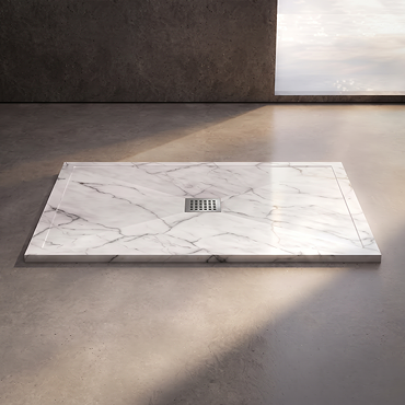 Pavilion 1200 x 900mm White Marble Stone Rectangular Shower Tray & Brushed Steel Waste