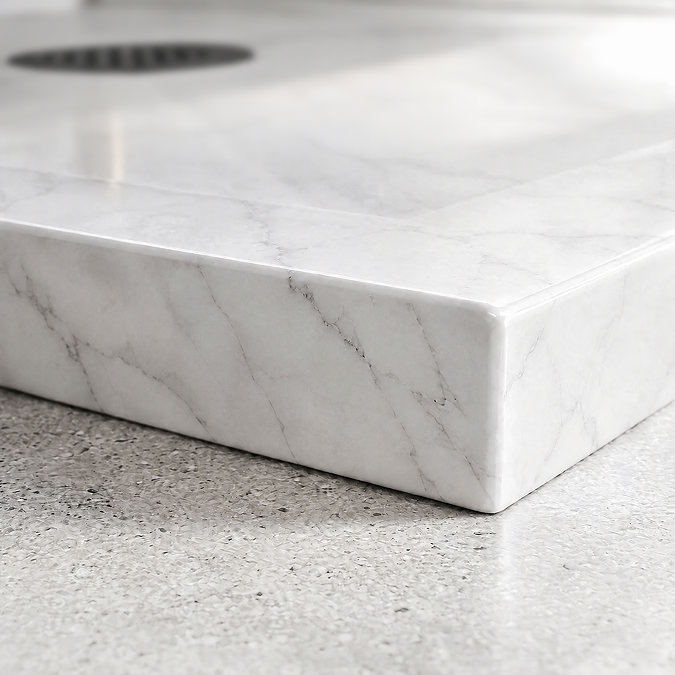 Pavilion 1200 x 900mm White Marble Stone Rectangular Shower Tray & Matt Black Waste