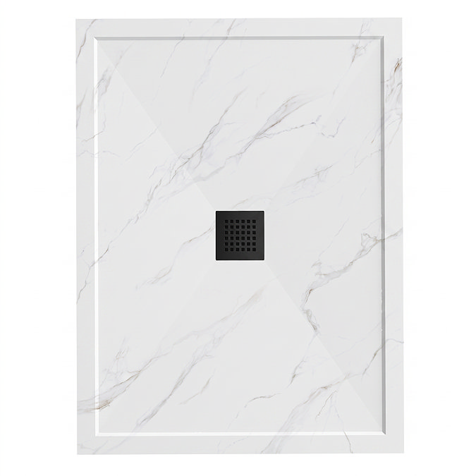 Pavilion 1200 x 900mm White Marble Stone Rectangular Shower Tray & Matt Black Waste