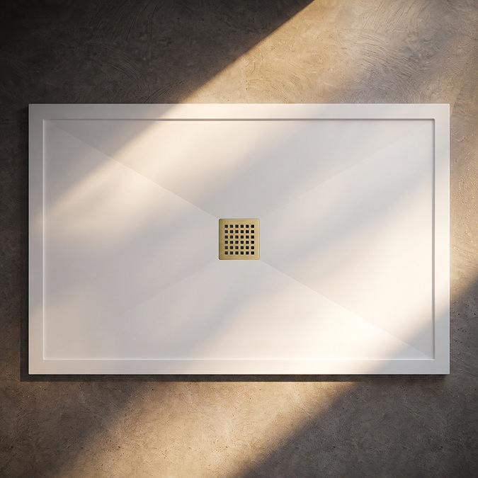 Pavilion 1400 x 900mm White Marble Stone Rectangular Shower Tray & Brushed Brass Waste