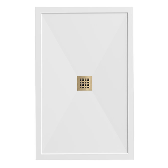 Pavilion 1400 x 900mm White Stone Rectangular Shower Tray & Brushed Brass Waste