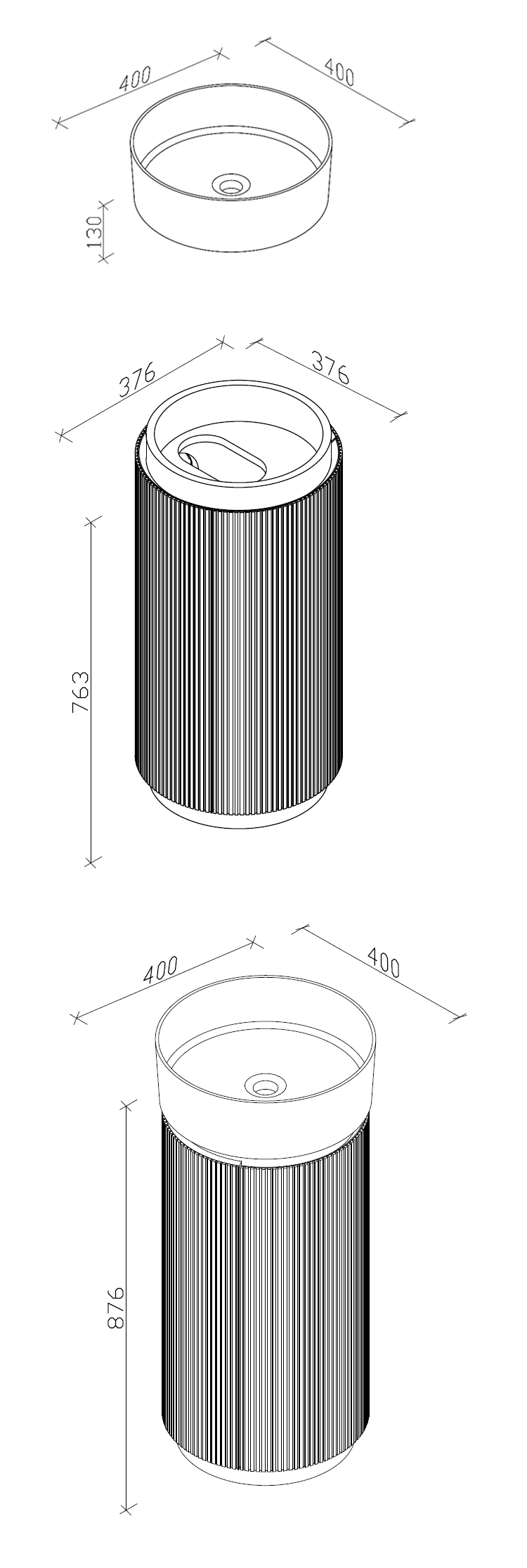 Pavilion 400mm Round Fluted Floor Standing Vanity Unit with Basin - Matt Anthracite
