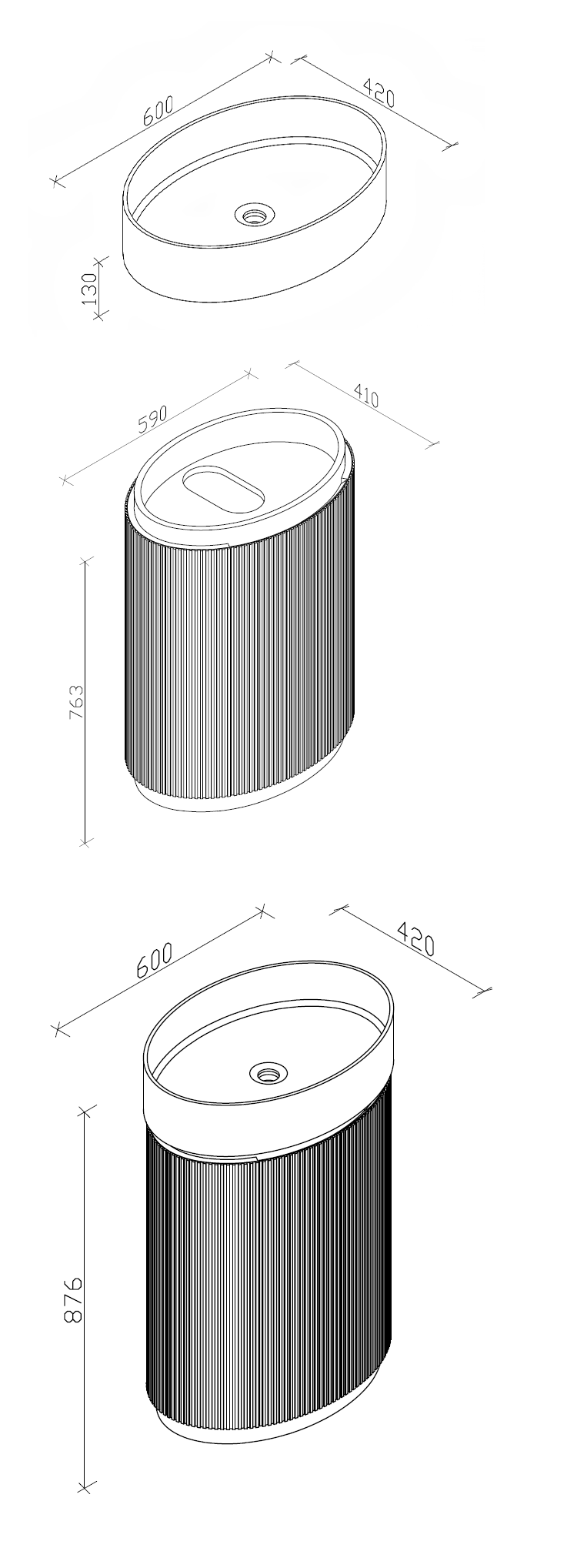 Pavilion 600mm Round Fluted Floor Standing Vanity Unit with Basin - Matt Anthracite