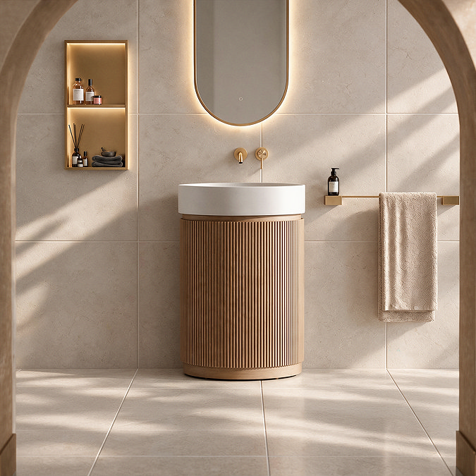 Pavilion 600mm Round Fluted Floor Standing Vanity Unit with Basin - Oak