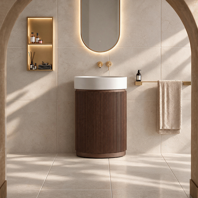 Pavilion 600mm Round Fluted Floor Standing Vanity Unit with Basin - Walnut