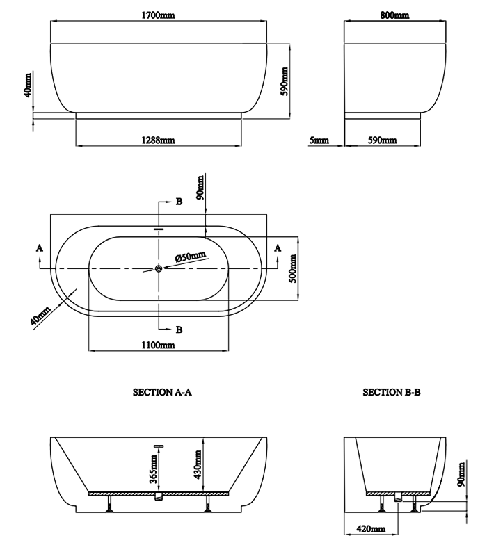 Pavilion Back To Wall Freestanding Bath - 1700 x 800mm, Gloss White