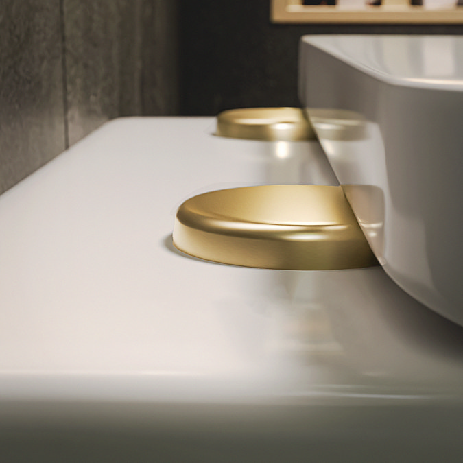 Pavilion Complete Wall Hung Rimless Toilet Set - Round Brushed Brass Flush Hinges