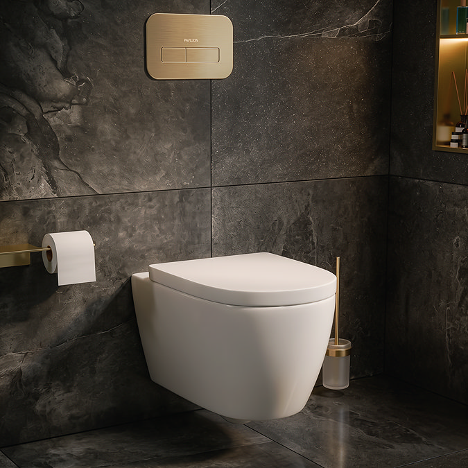 Pavilion Complete Wall Hung Rimless Toilet Set - Round Brushed Brass Flush