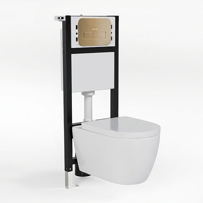 Pavilion Complete Wall Hung Rimless Toilet Set - Round Brushed Brass Flush