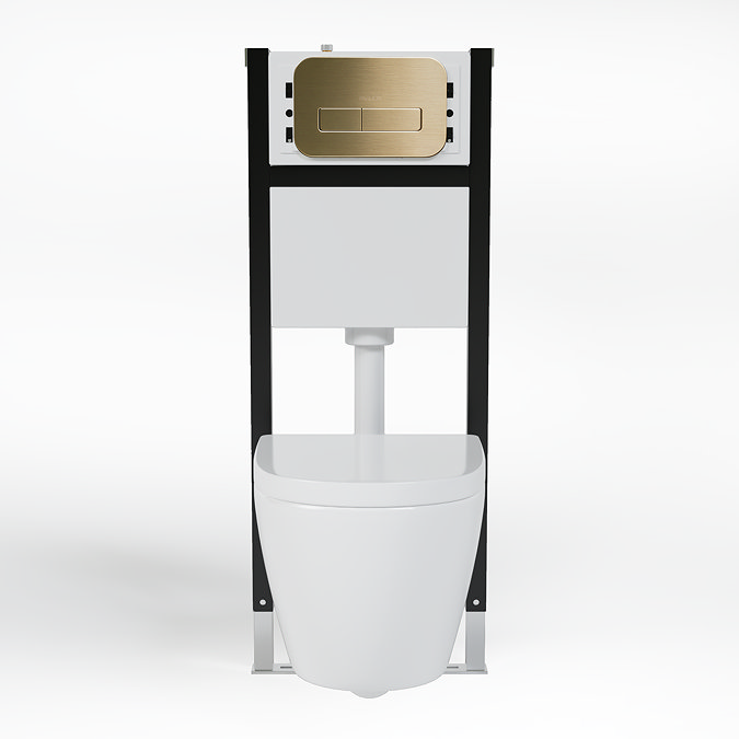 Pavilion Complete Wall Hung Rimless Toilet Set - Round Brushed Brass Flush
