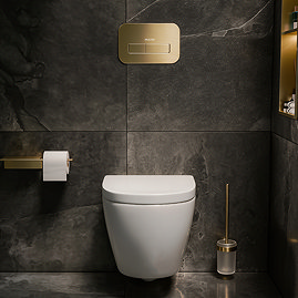 Pavilion Complete Wall Hung Rimless Toilet Set - Round Brushed Brass Flush