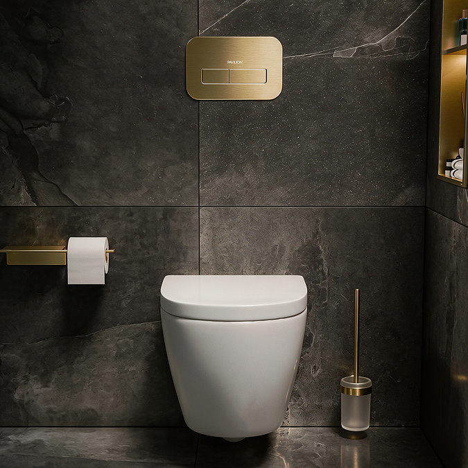 Pavilion Complete Wall Hung Rimless Toilet Set - Round Brushed Brass Flush