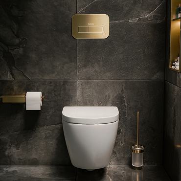 Pavilion Complete Wall Hung Rimless Toilet Set - Round Brushed Brass Flush_Lifestyle_Ghost_Front