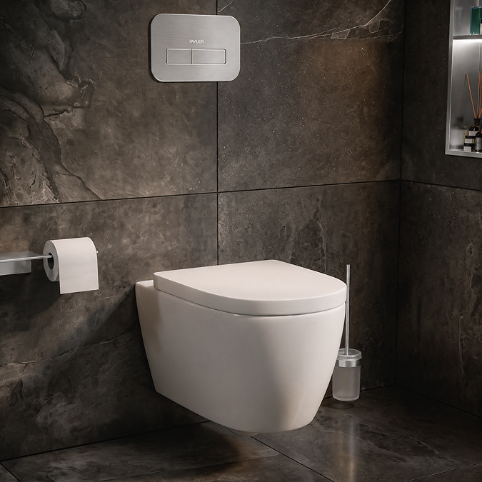 Pavilion Complete Wall Hung Rimless Toilet Set - Round Brushed Steel Flush