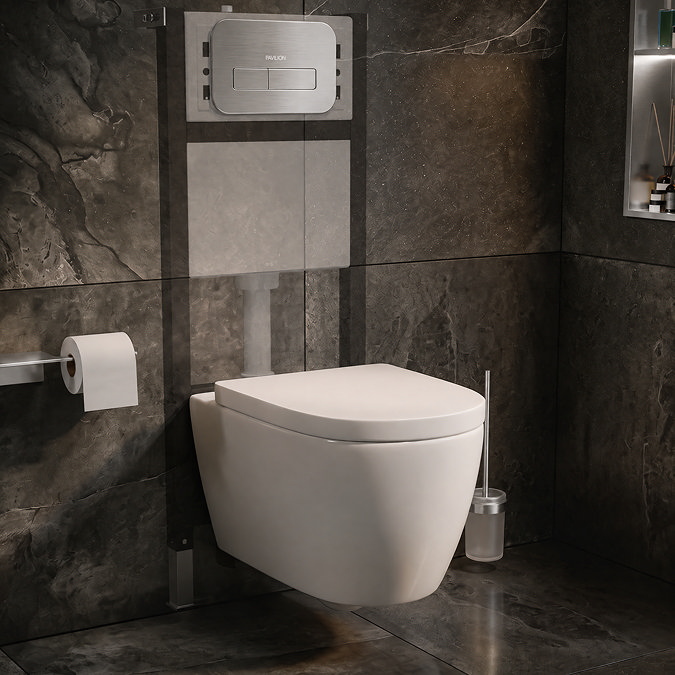Pavilion Complete Wall Hung Rimless Toilet Set - Round Brushed Steel Flush