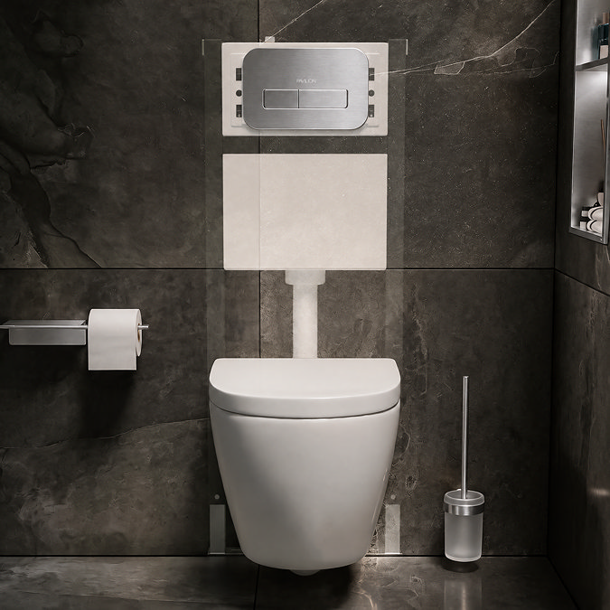 Pavilion Complete Wall Hung Rimless Toilet Set - Round Brushed Steel Flush