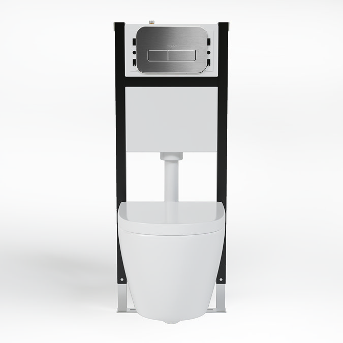 Pavilion Complete Wall Hung Rimless Toilet Set - Round Brushed Steel Flush