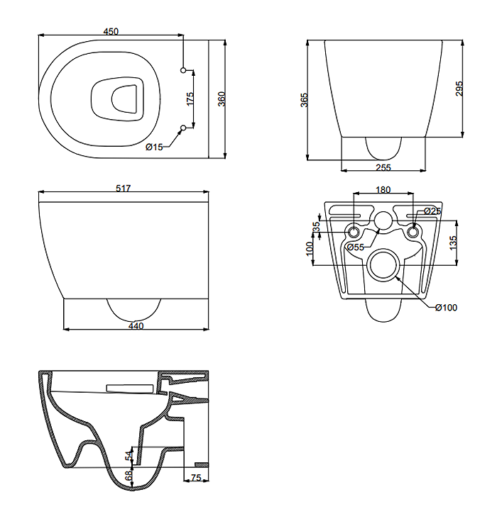 Pavilion Complete Wall Hung Rimless Toilet Set - Round Brushed Steel Flush