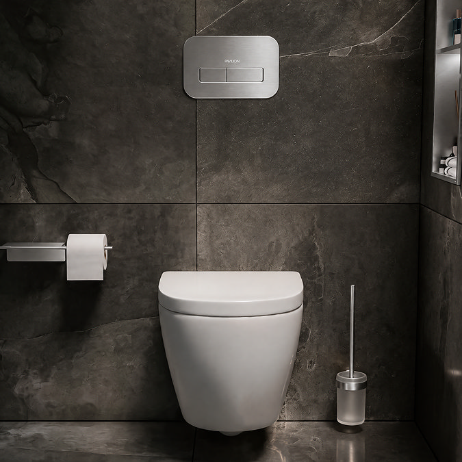 Pavilion Complete Wall Hung Rimless Toilet Set - Round Brushed Steel Flush
