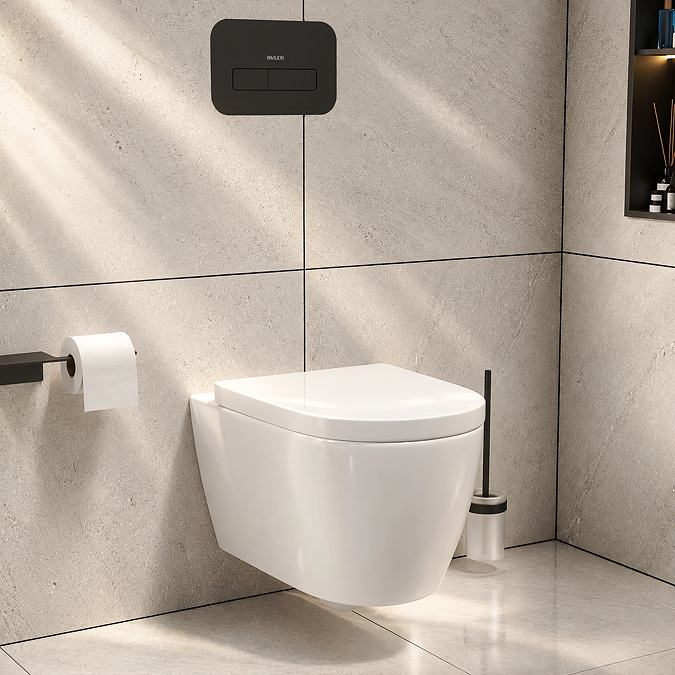 Pavilion Complete Wall Hung Rimless Toilet Set - Round Matt Black Flush