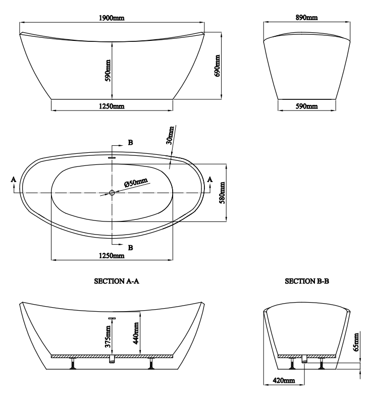 Pavilion Curved Freestanding Bath - 1900 x 890mm, Gloss White