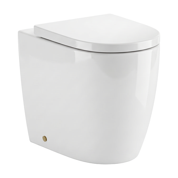 Pavilion Round Rimless Back to Wall Toilet Pan with Soft-Close Seat, Brushed Brass Hinges