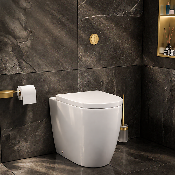 Pavilion Round Rimless Back to Wall Toilet Pan with Soft-Close Seat, Brushed Brass Hinges